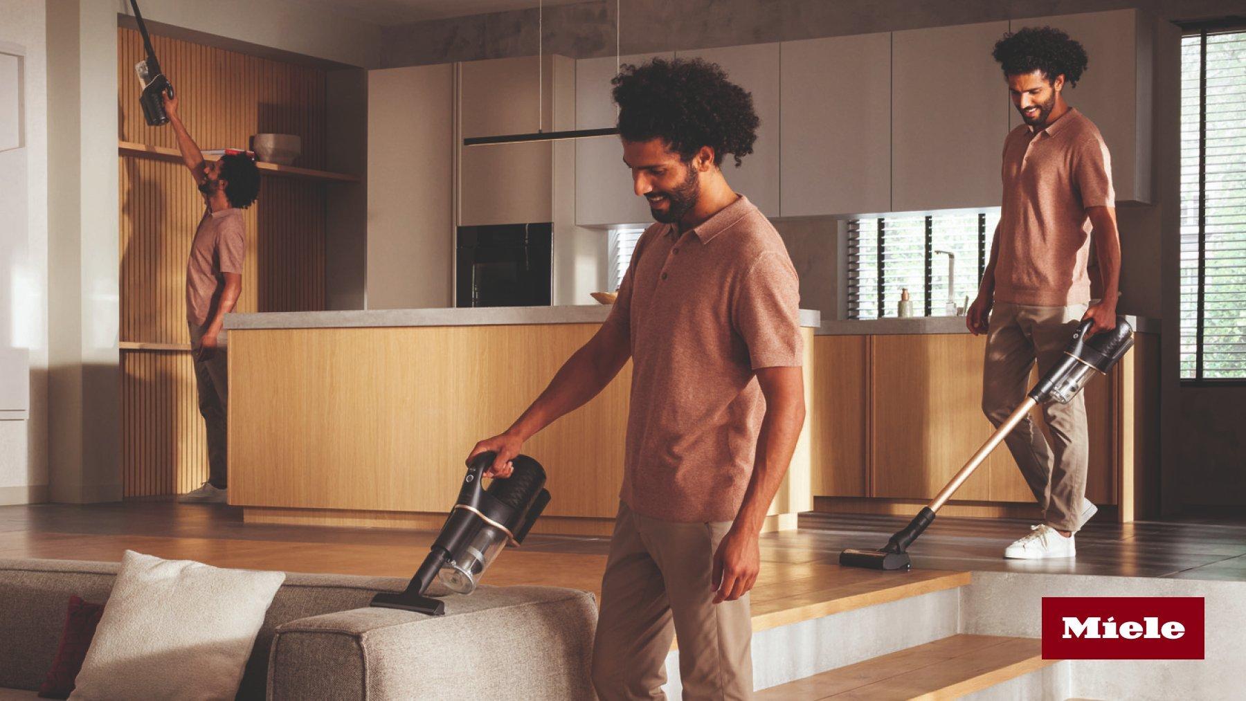 A man using a Miele cordless vacuum cleaner in three different ways in a modern home.