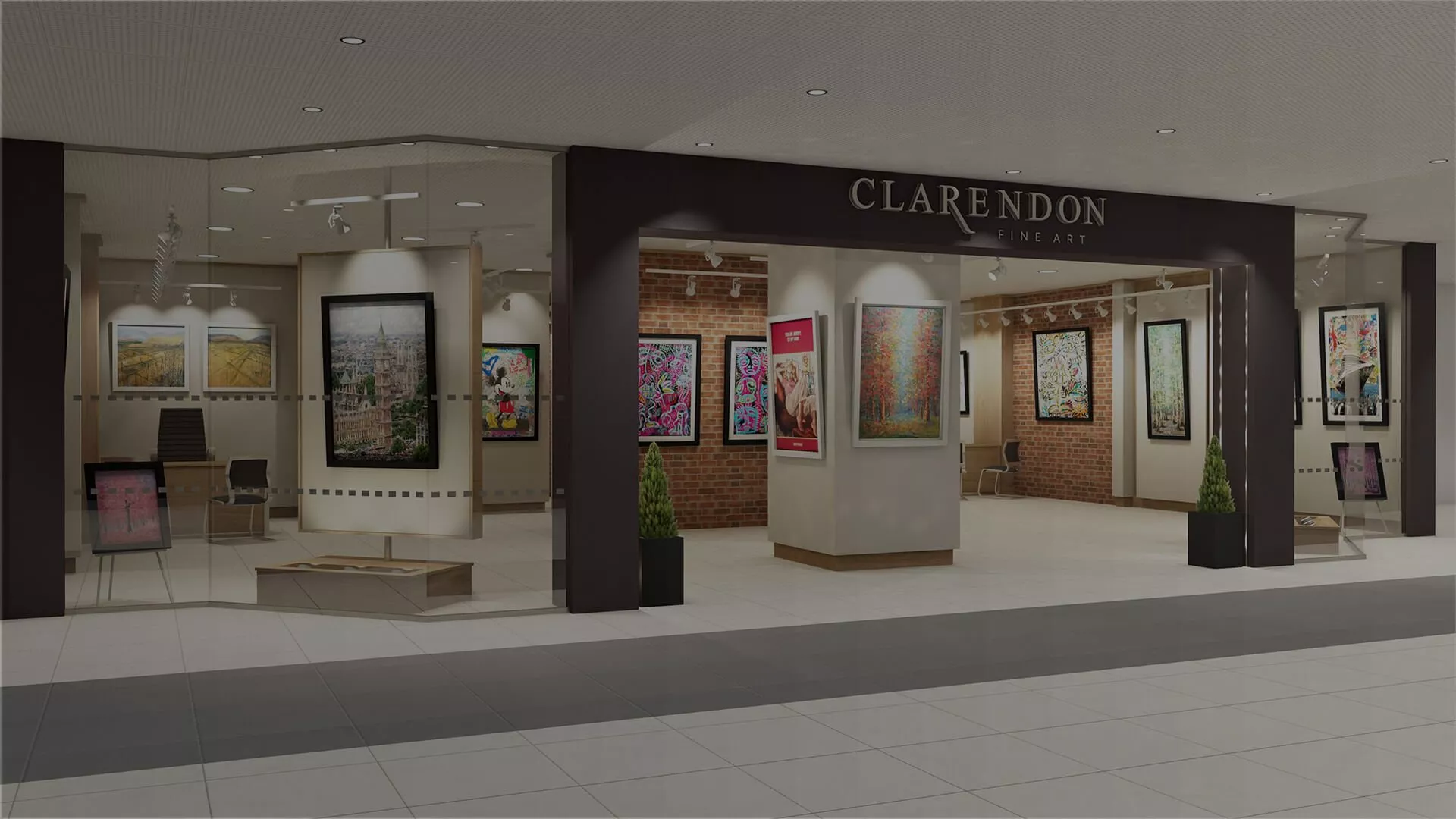 Clarendon Fine Art gallery shopfront in a modern shopping centre, showcasing colourful framed artwork on display.