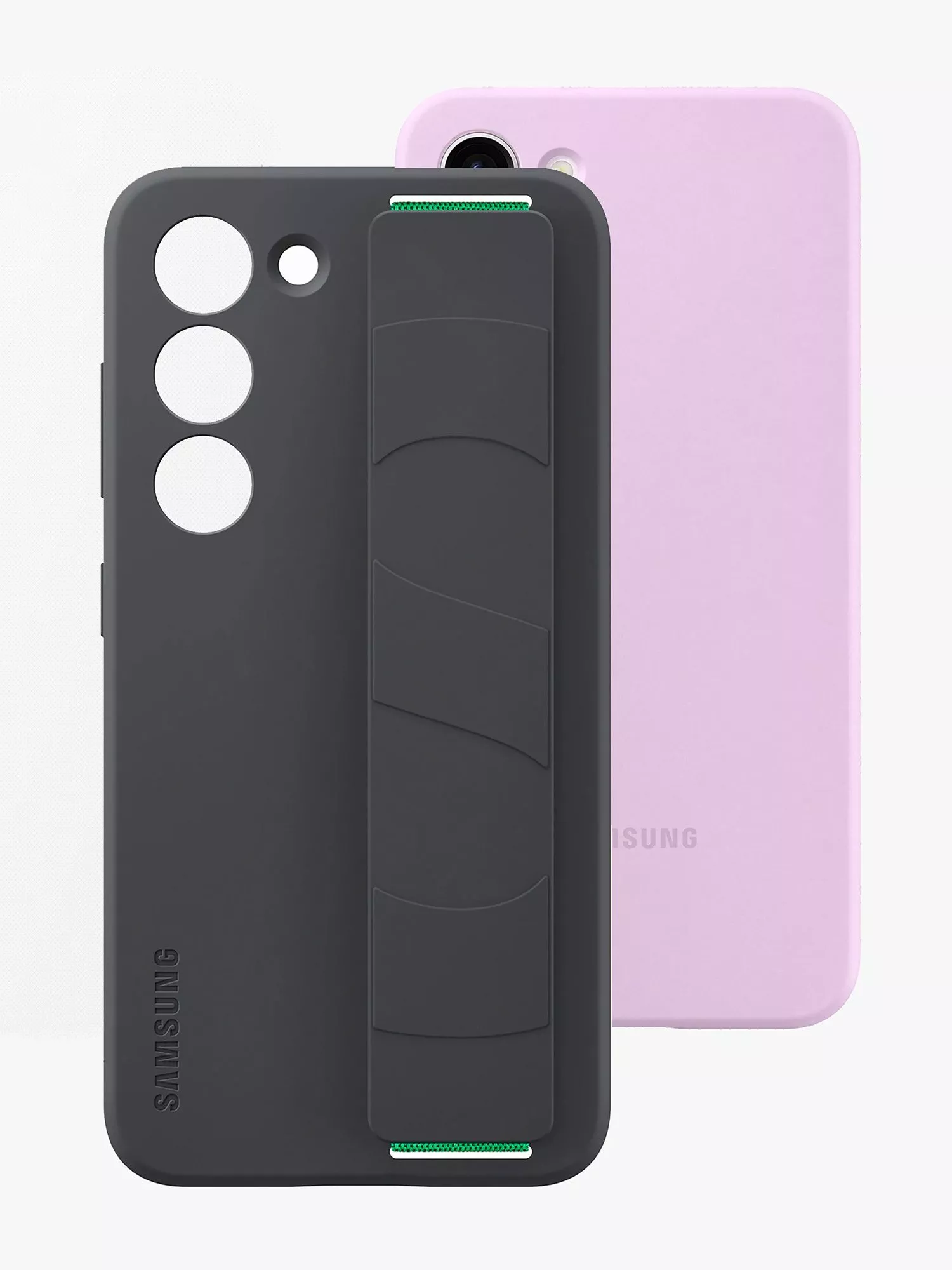 Black phone case next to a pink phone case