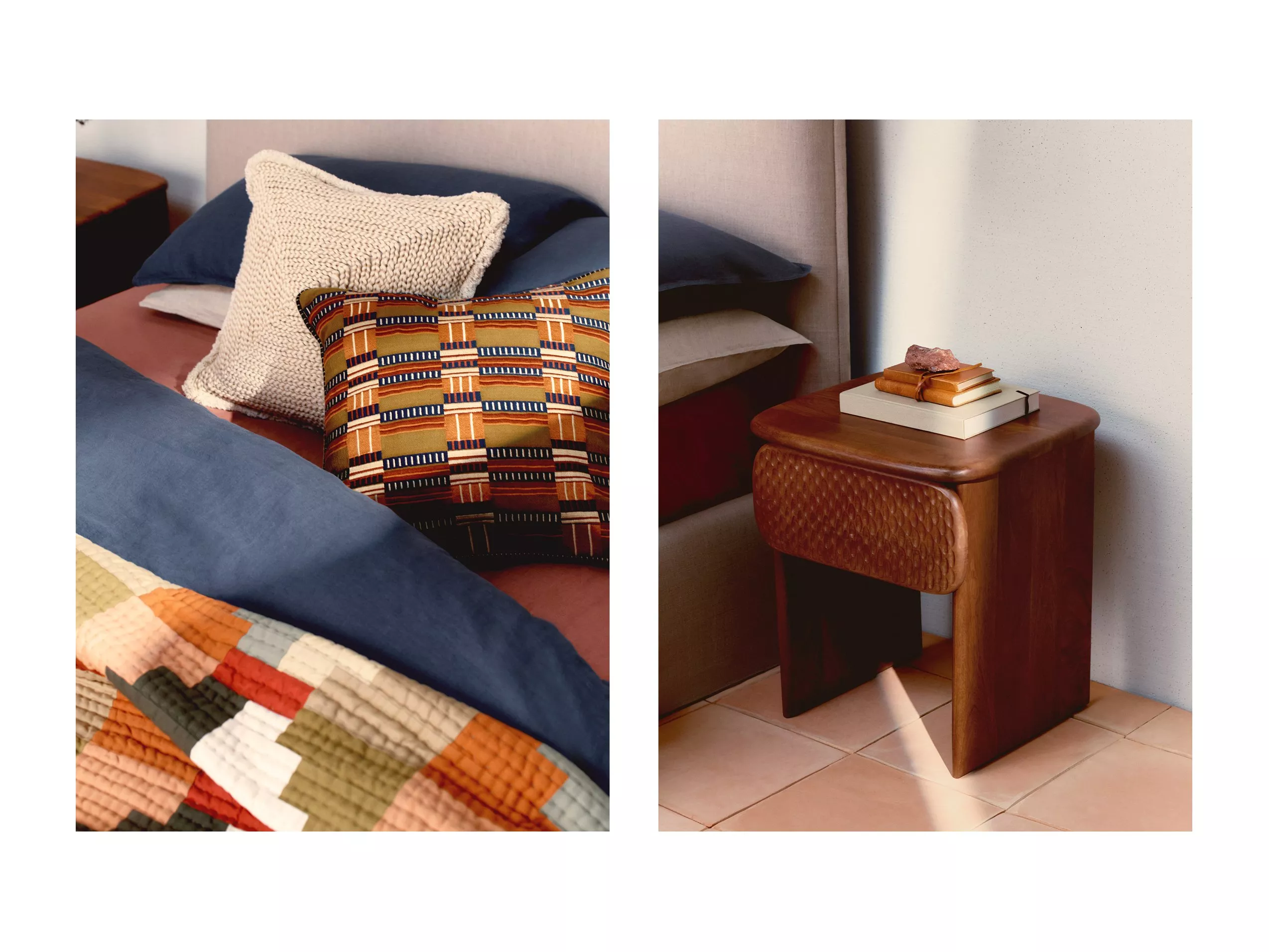 Cosy bedroom decor featuring textured pillows, a colourful quilt, and a wooden bedside table with books.