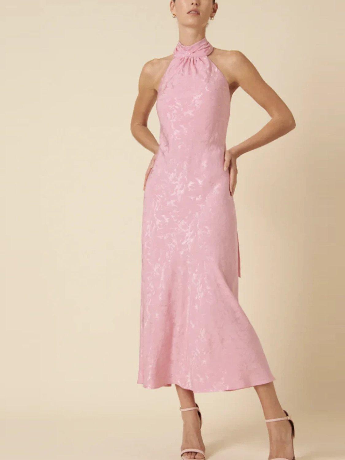 Female model wearing a Nobody's Child Pink Floral Jacquard Tie Neck Fifi Midi Dress