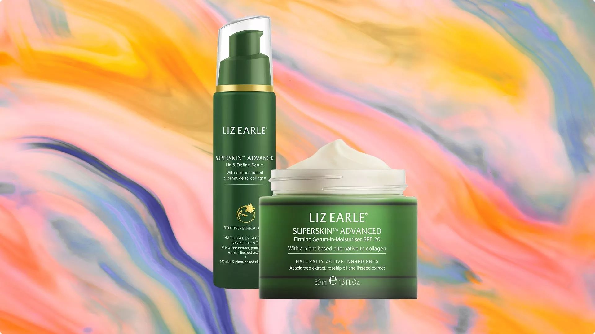 Liz Earle Superskin Advanced serum and moisturiser on a vibrant, swirling pastel background.