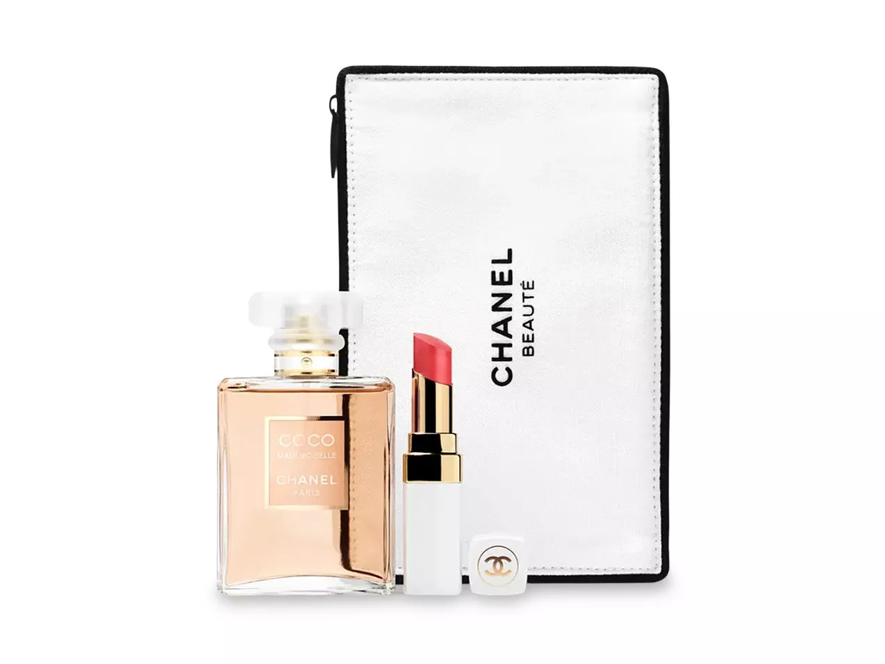 Chanel pouch, perfume and lipstick, set against a multicoloured background