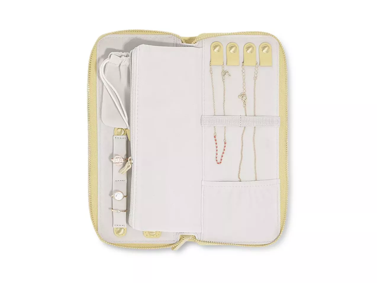 A neatly organised jewellery travel case with a zip closure, displaying necklaces, rings, and a pouch.
