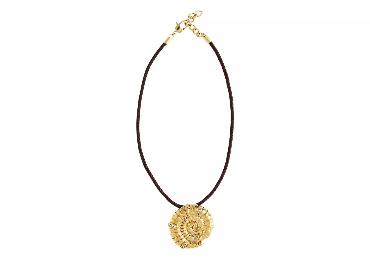 Golden ammonite pendant on a dark cord necklace, set against multicoloured background.
