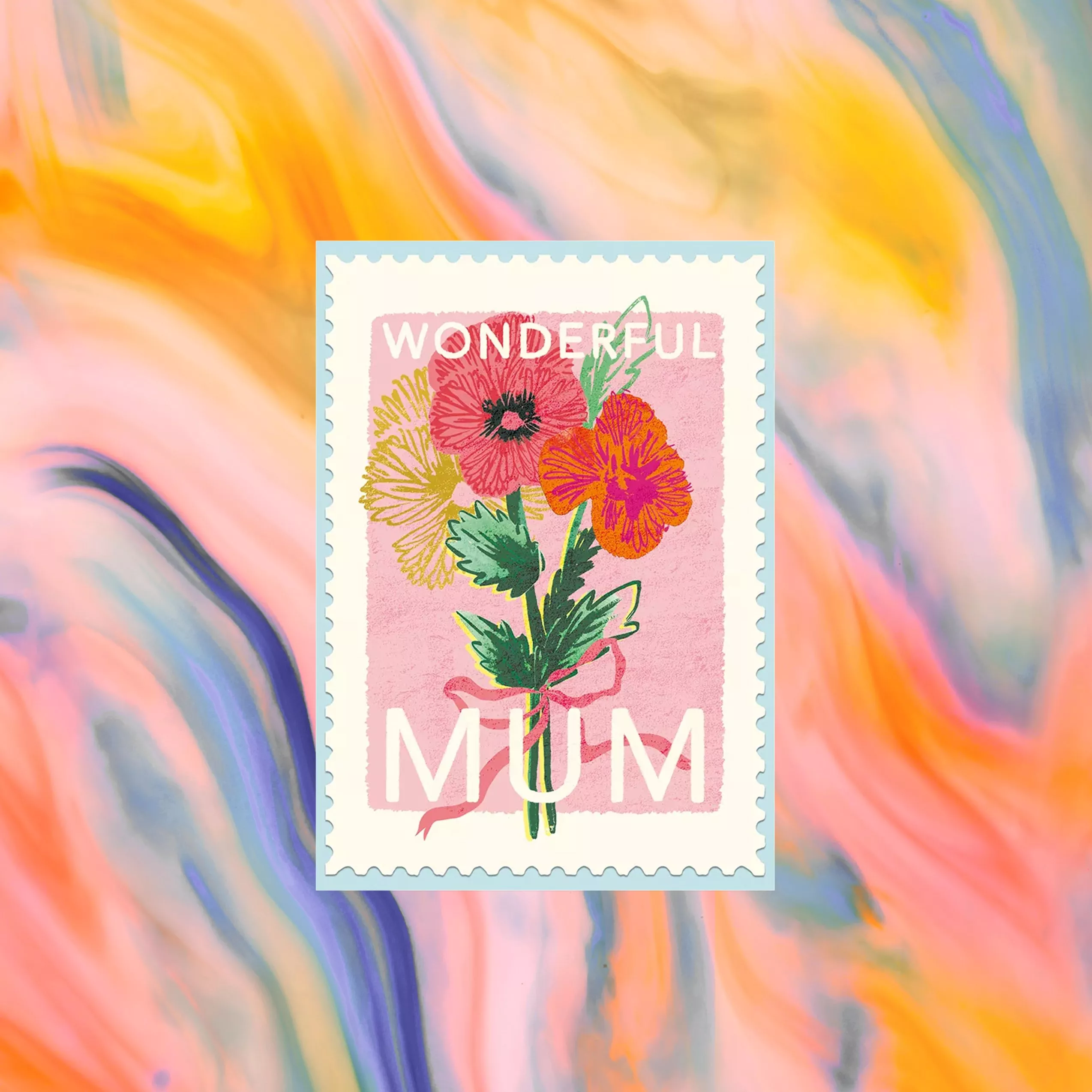 A colourful card with a floral stamp design reading "Wonderful Mum" against a vibrant, swirling background.