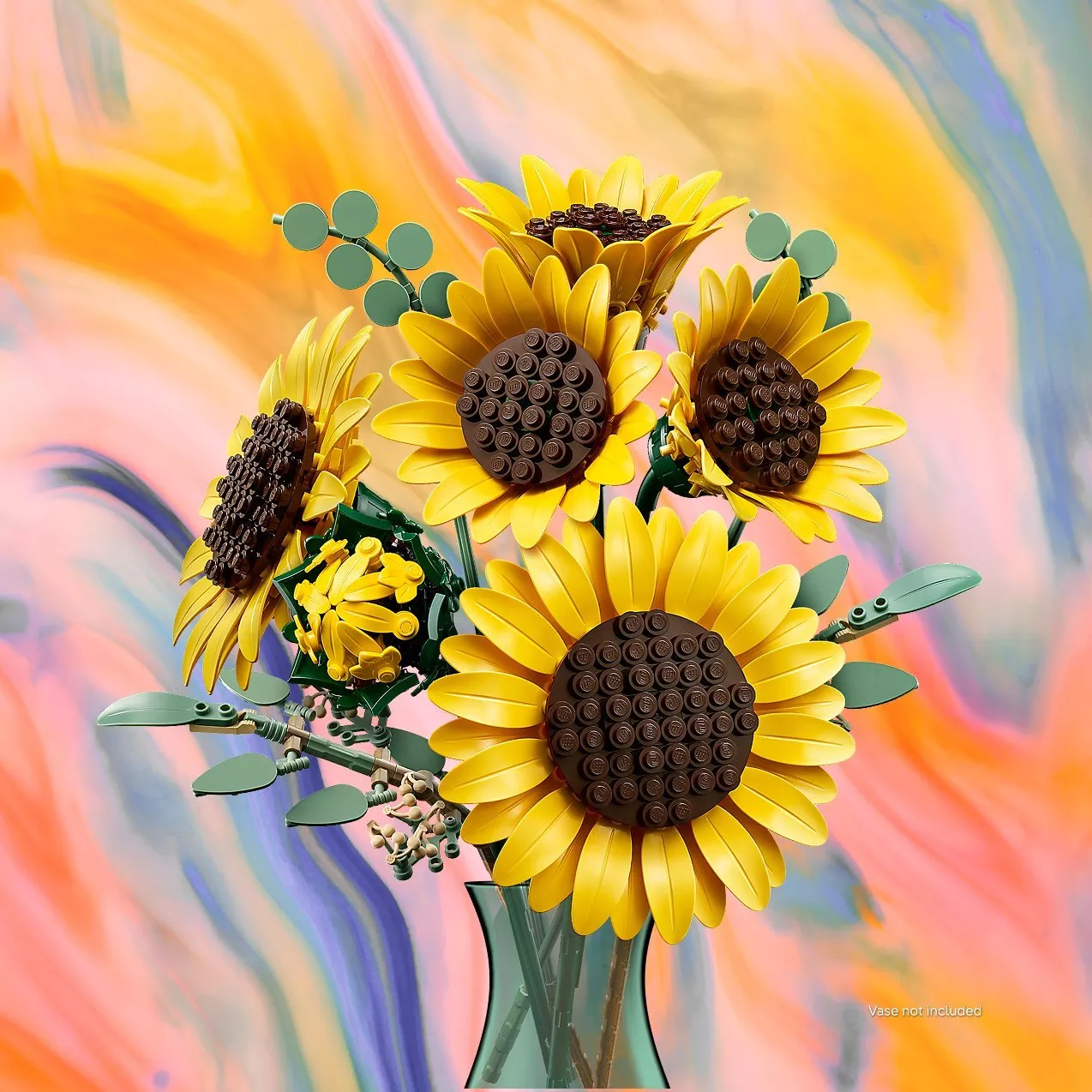Vibrant LEGO sunflowers in a glass vase set against a swirling, colourful background. Vase not included.