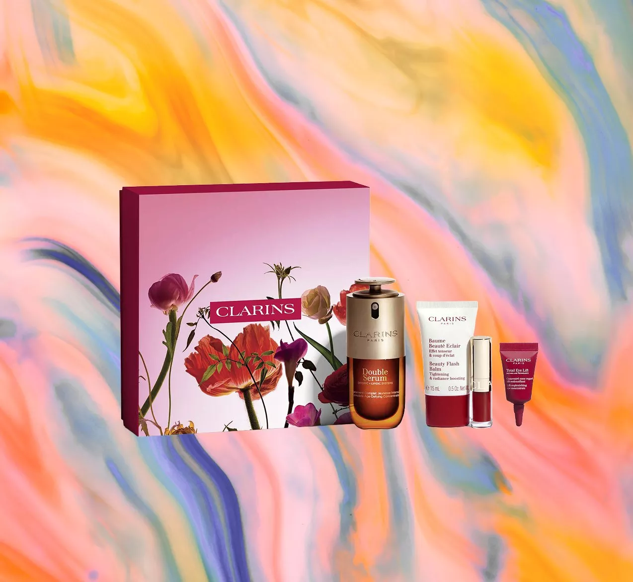 Clarins beauty kit with serum, flash balm, and eye lift displayed against a vibrant, swirling background.
