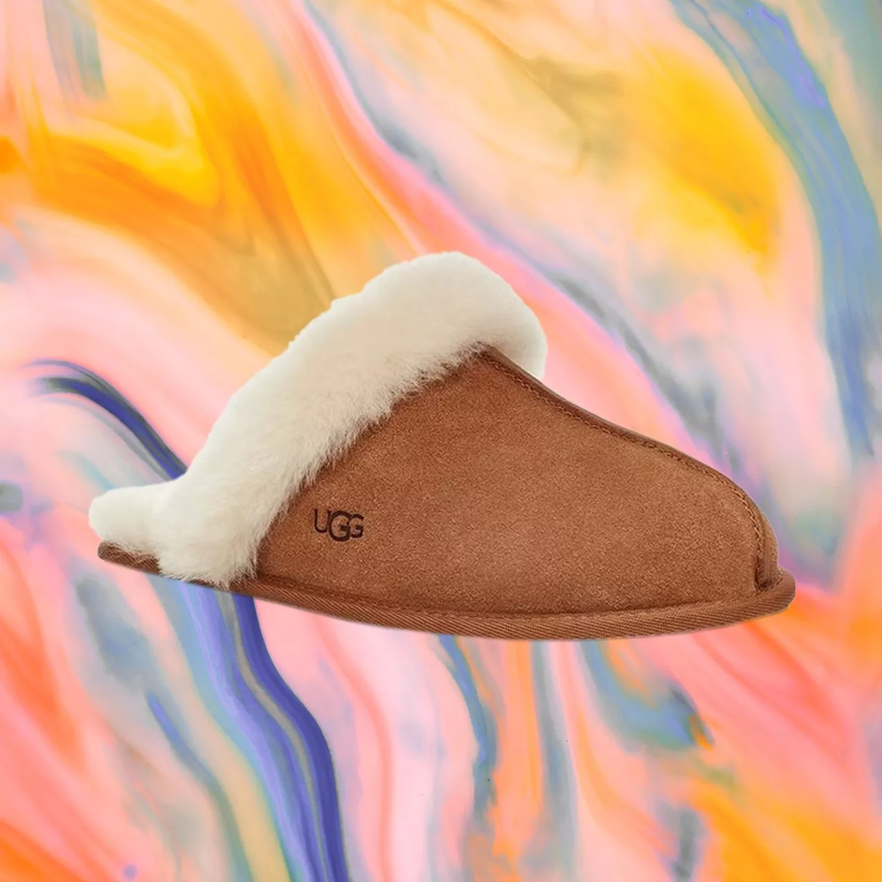 A cosy brown UGG slipper with a fluffy white lining against a vibrant, colourful abstract background.
