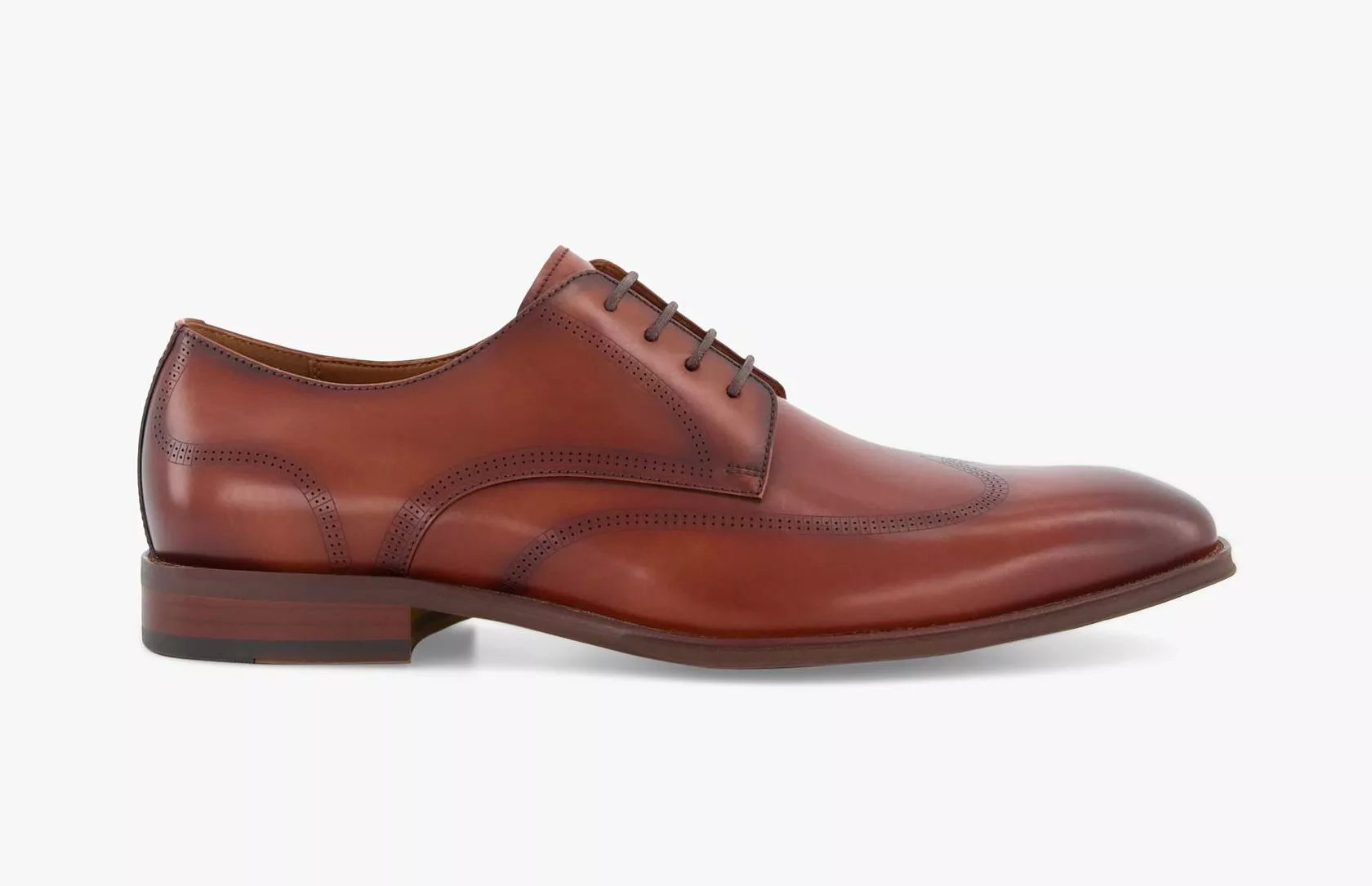 Brown leather men’s Derby brogue shoe, side view with lace-up design, formal smart office footwear on white background
