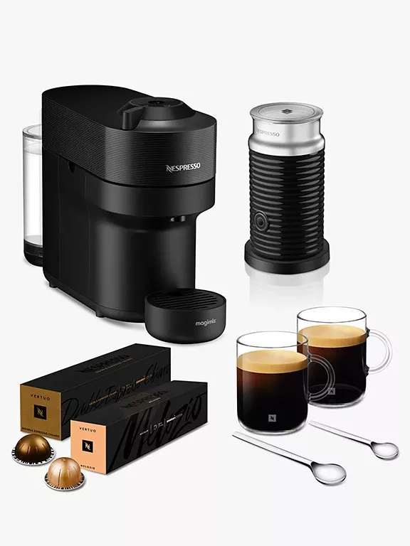 Vertuo Barista bundle including capsule packs, glass mugs, silver spoons and separate milk frother