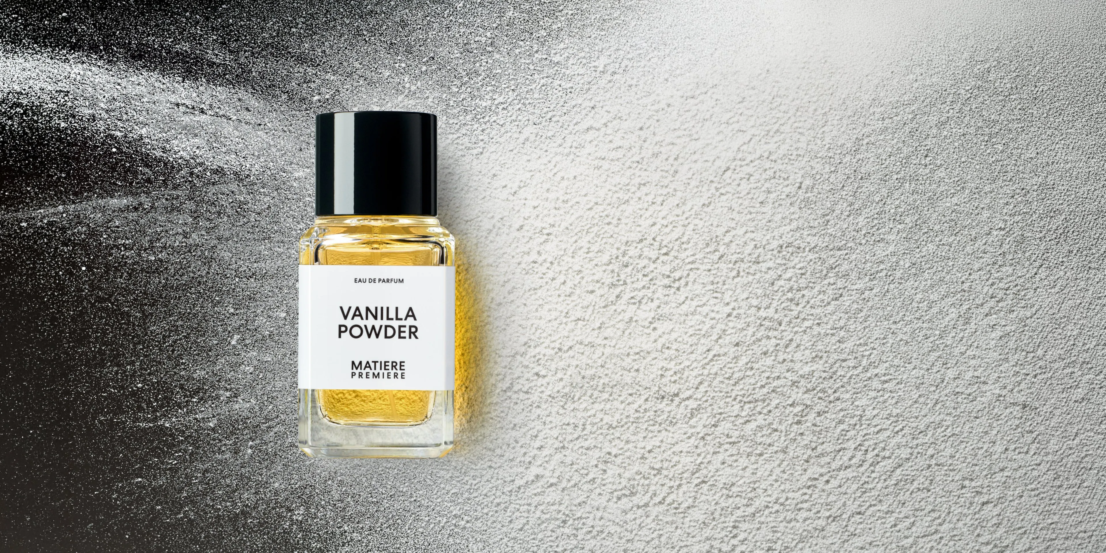 Matiere Premiere Vanilla Powder eau de parfum bottle on textured background, John Lewis new beauty arrivals banner