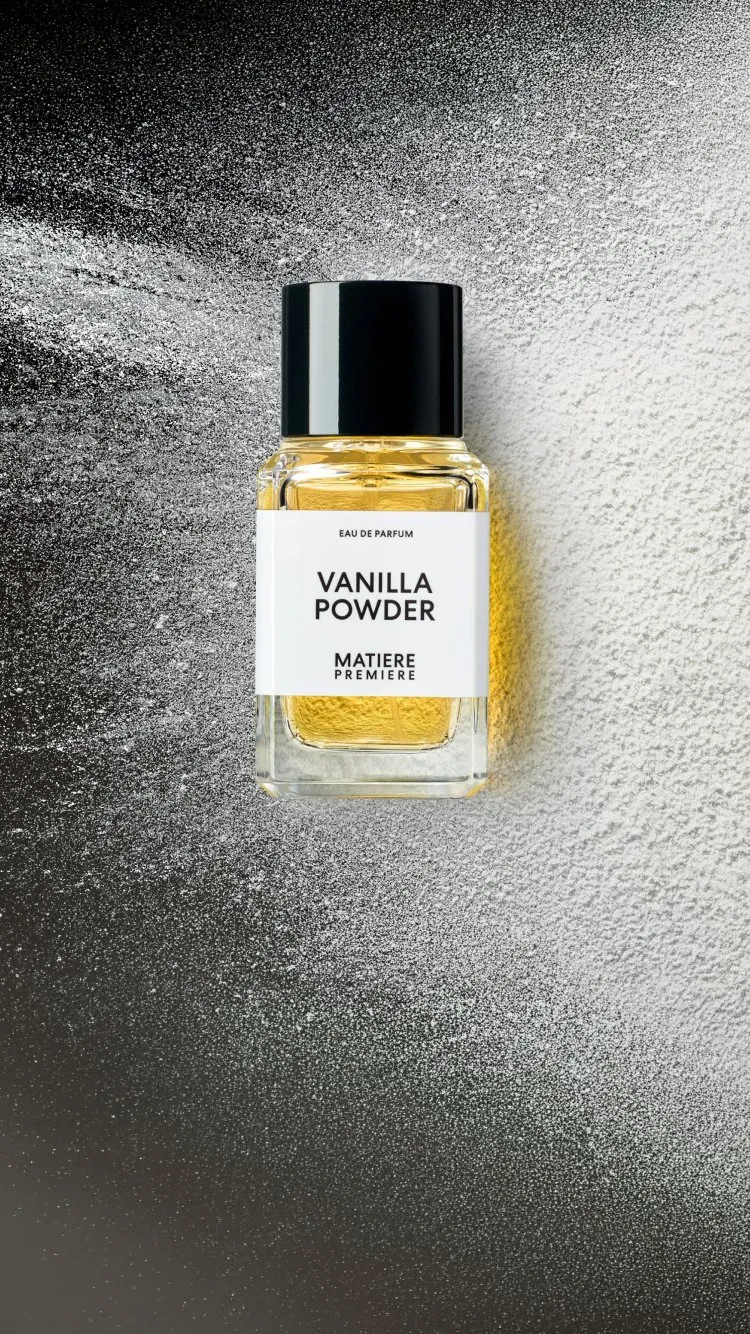 Matiere Premiere Vanilla Powder eau de parfum bottle on textured background, John Lewis new beauty arrivals banner
