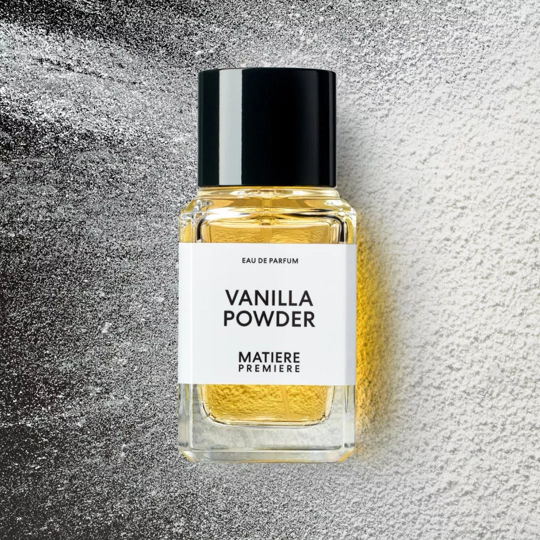 Vanilla Powder eau de parfum by Matiere Premiere bottle on textured background, luxury fragrance product photo