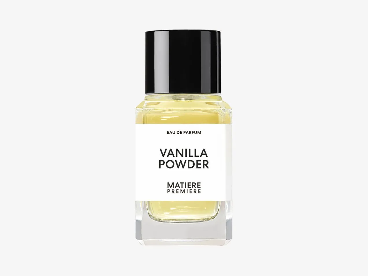 Matiere Premiere Vanilla Powder eau de parfum bottle with black cap, luxury vanilla fragrance on white background