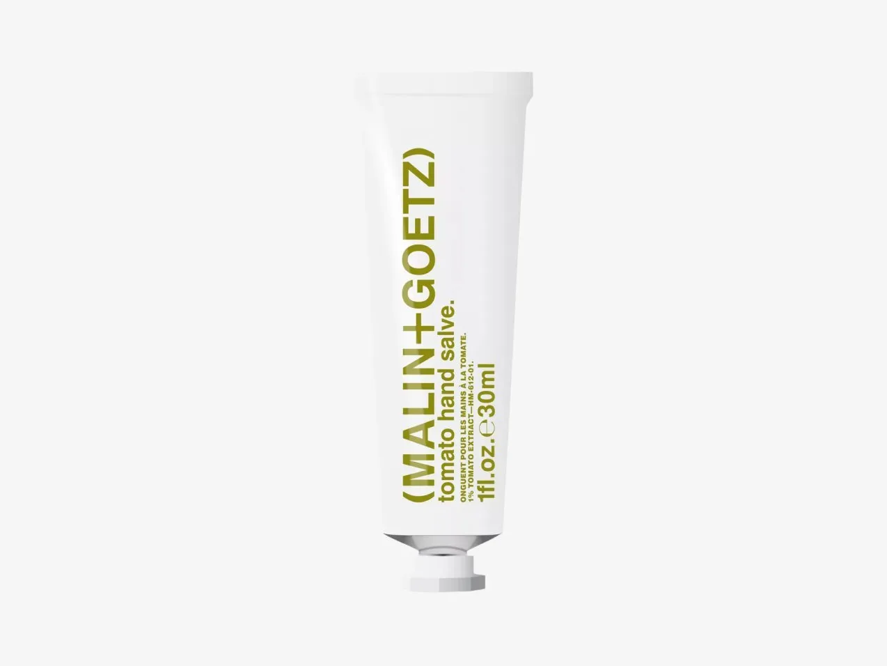 Malin+Goetz tomato hand salve 30ml tube, moisturising hand cream packaging on a white background