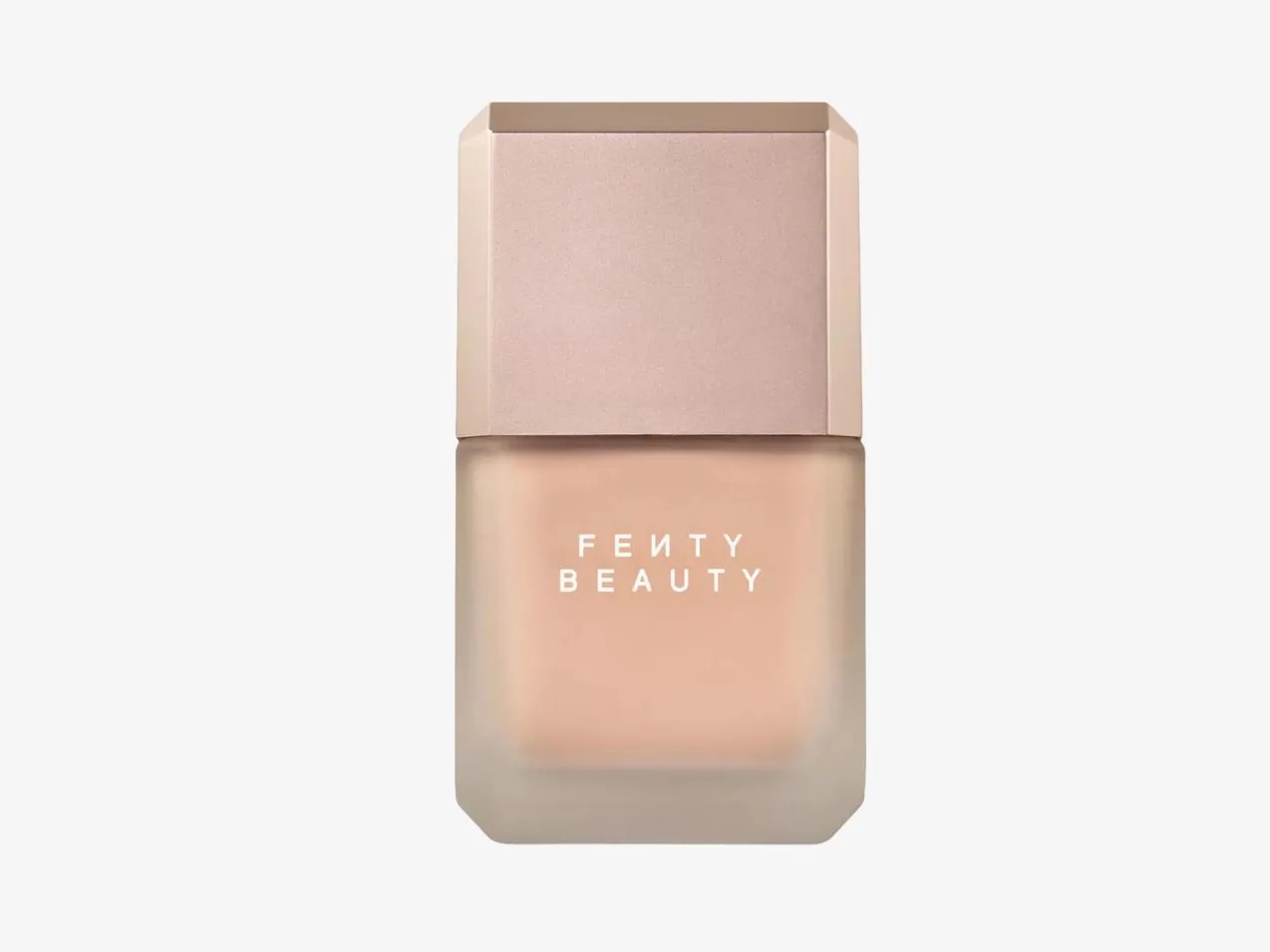 Fenty Beauty liquid foundation bottle with frosted glass and rose-gold cap, product shot on white background