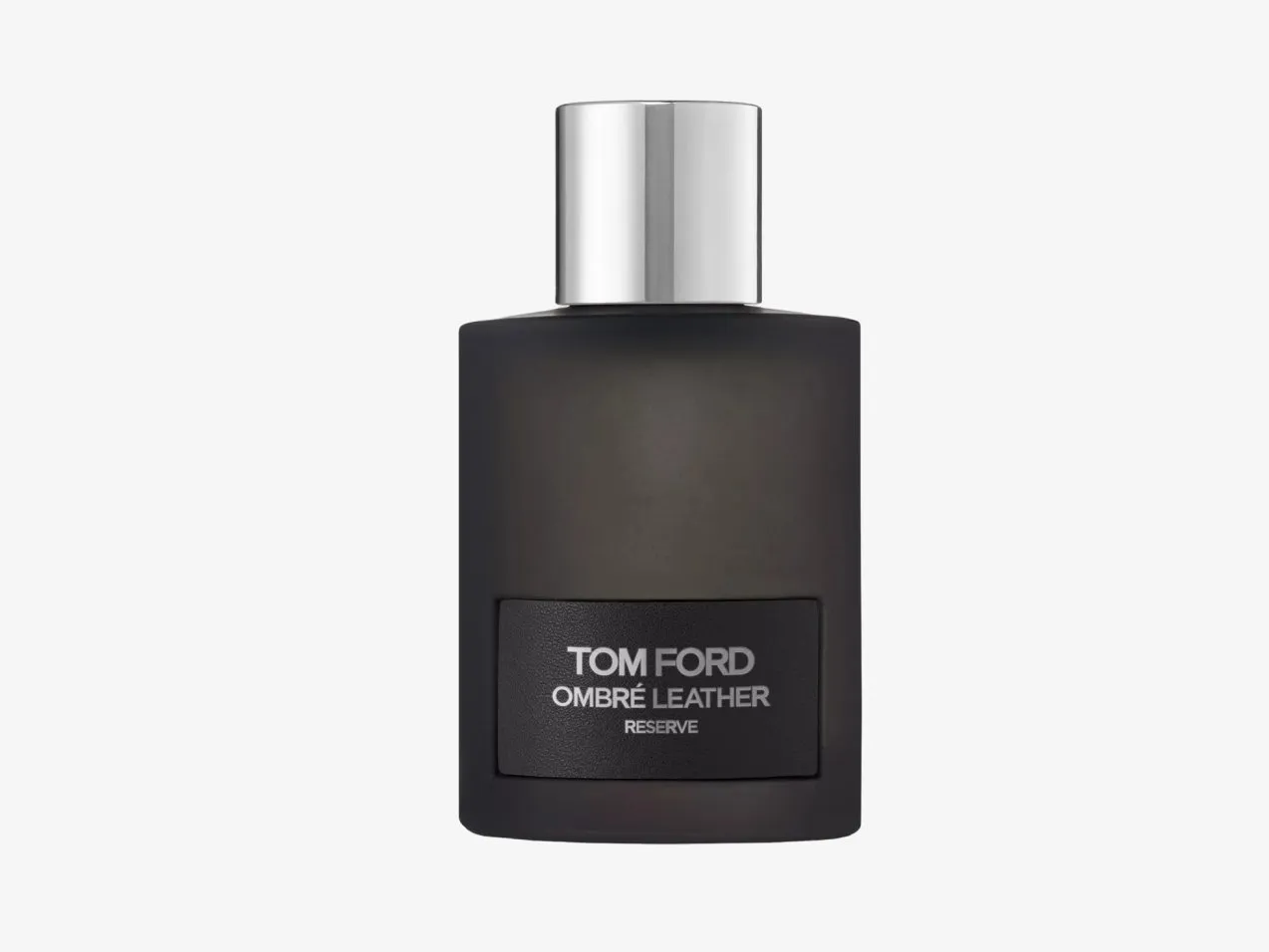 Tom Ford Ombré Leather Reserve perfume bottle with matte black glass and silver cap on white background
