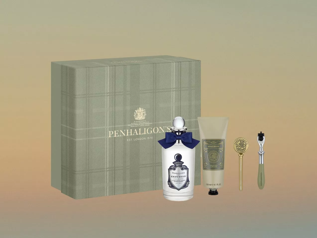 Penhaligon's Endymion grooming gift set with eau de cologne, shave cream, and razor accessories on soft gradient background