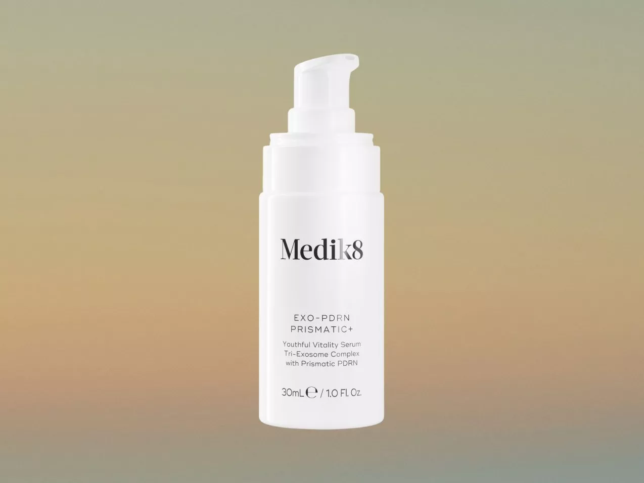Medik8 Exo-PDRN Prismatic+ youth vitality serum 30ml bottle with pump on soft gradient background