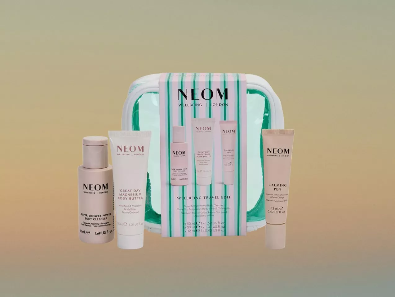 NEOM Wellbeing London travel set with shower cleanser, magnesium body butter and calming pen with a  clear zip wash bag