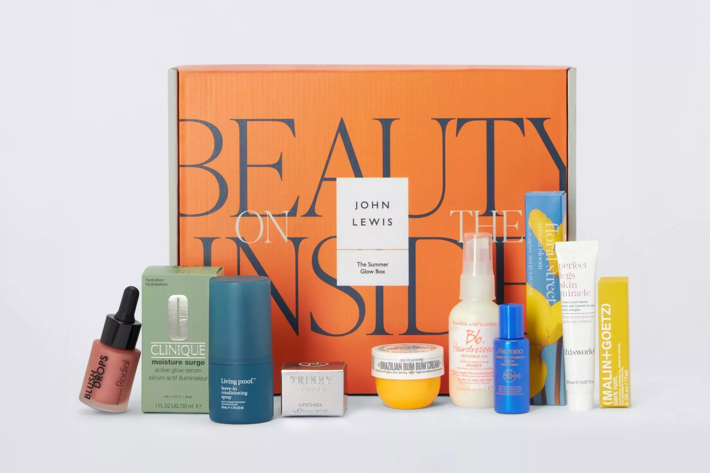 John Lewis Summer Glow beauty box gift set with skincare, serum, deodorant, lip and body cream products.