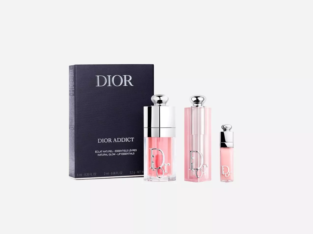 Dior Addict lip essentials gift set with pink lip glow products and Dior box packaging