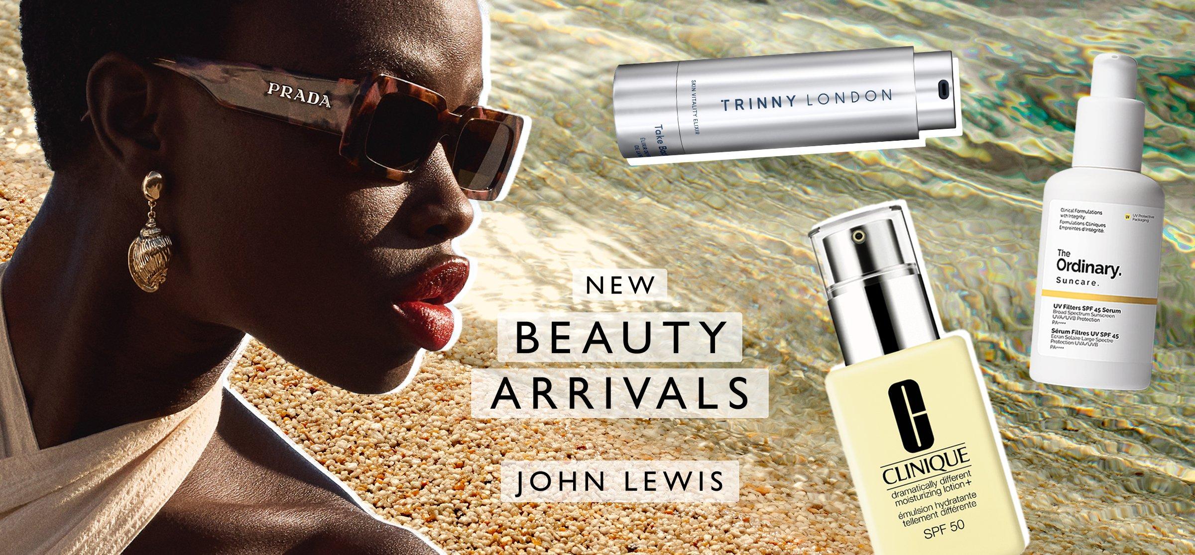 A collage of women and new in beauty products with a beach background