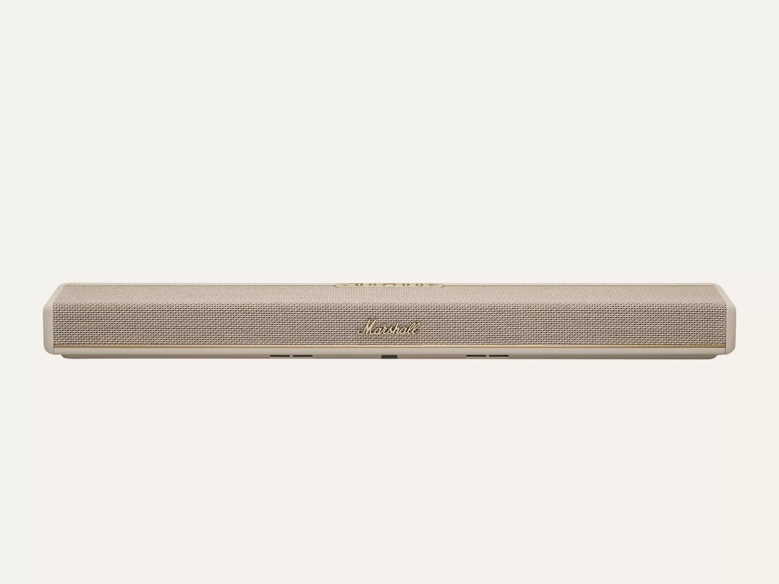Stylish beige Marshall soundbar with gold accents, featuring a sleek design and textured speaker grille.