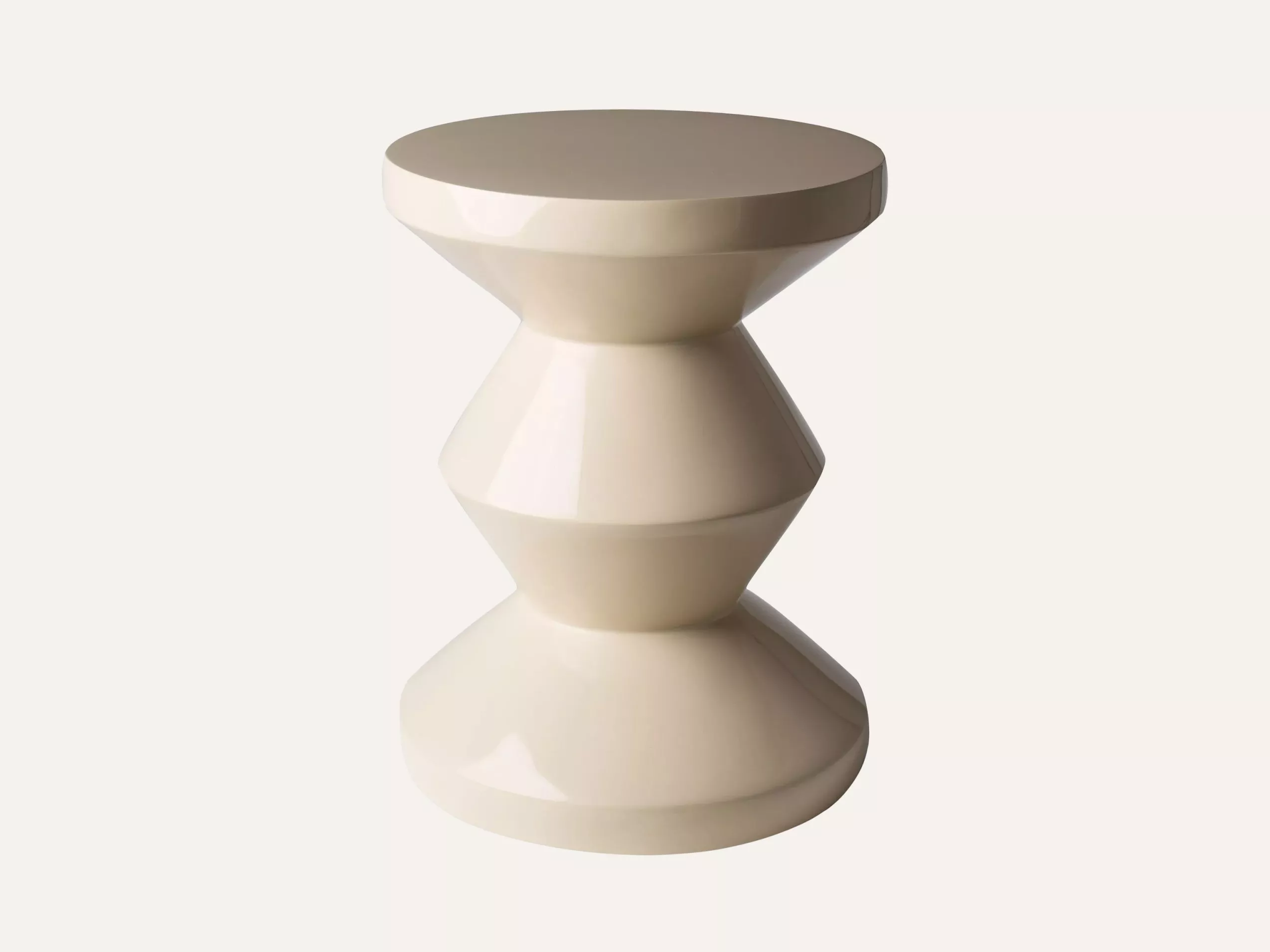Cream-toned, modern stool with a glossy finish, featuring a geometric, hourglass design on a plain background.