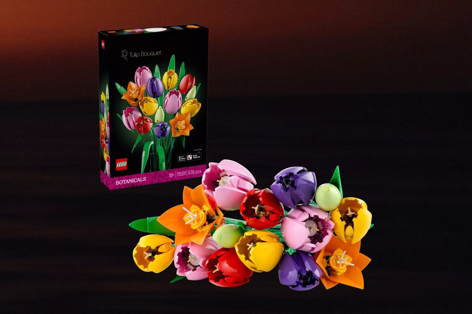 LEGO Botanicals Tulip Bouquet set box with colourful brick-built tulips and blooms arranged on a dark background