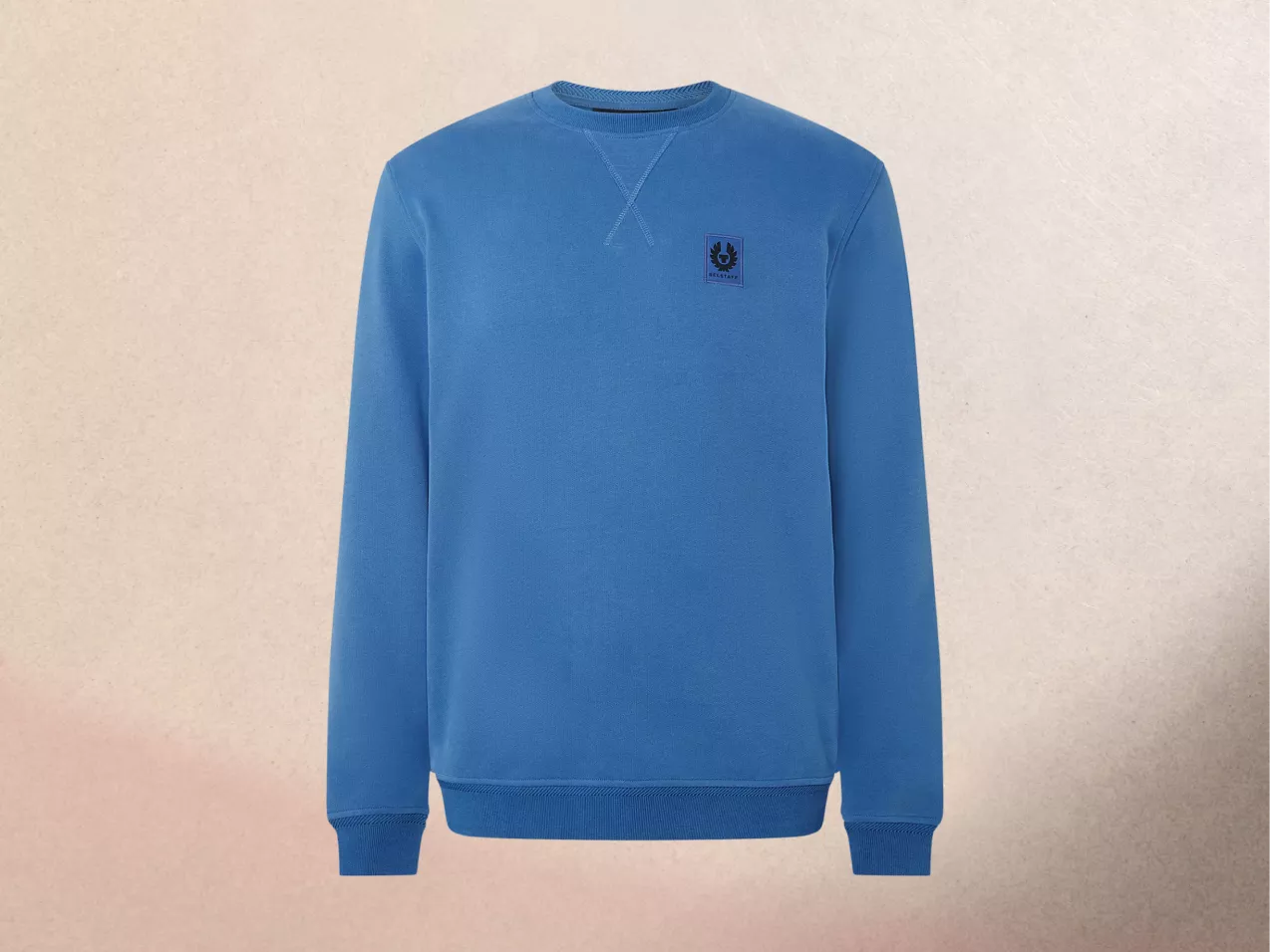 Blue sweatshirt with ribbed cuffs and hem, featuring a small embroidered Belstaff logo on the right of the chest.