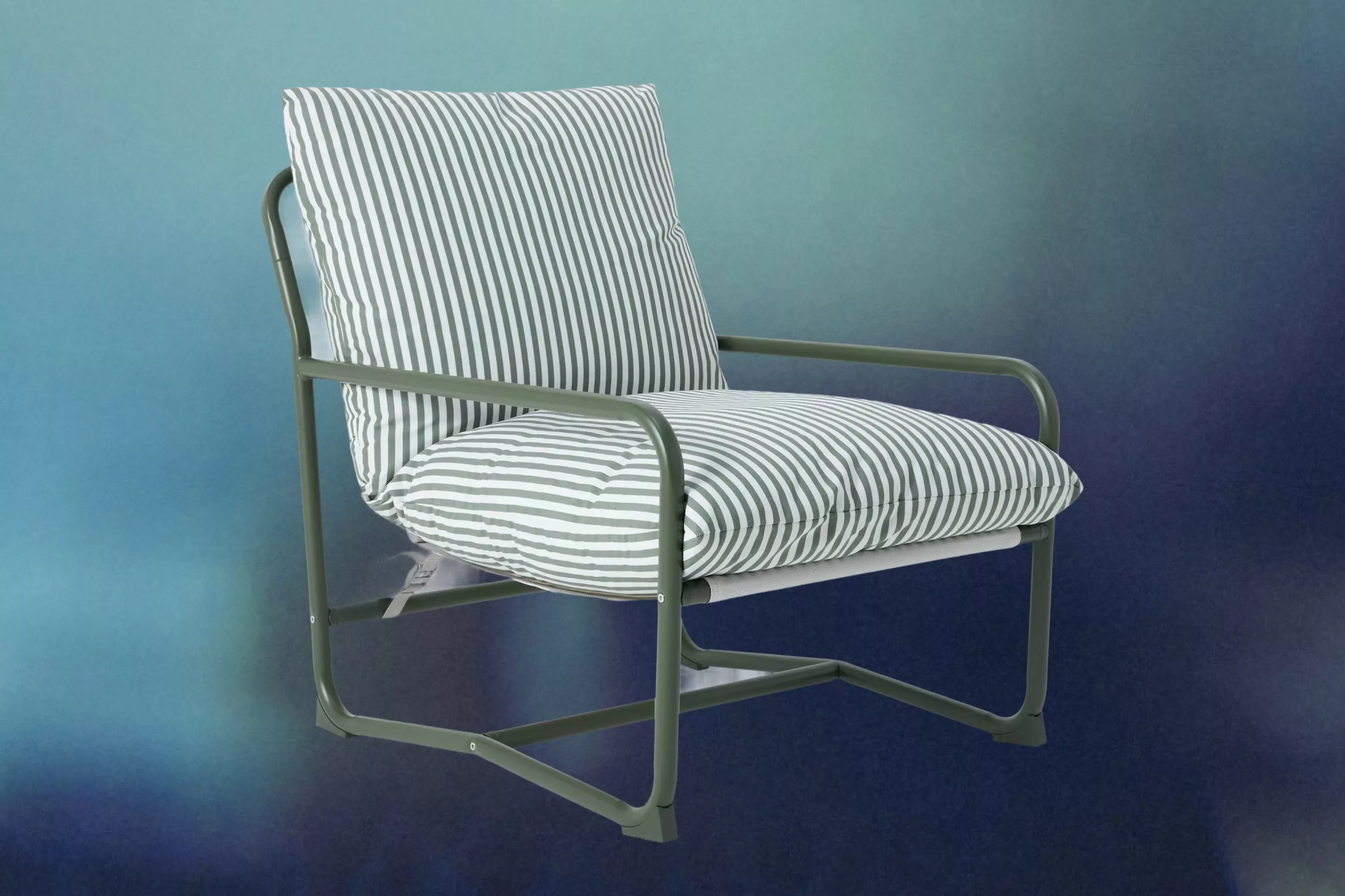 a cut out of a John Lewis Marcy Sling Garden Chair on a hazy blue background