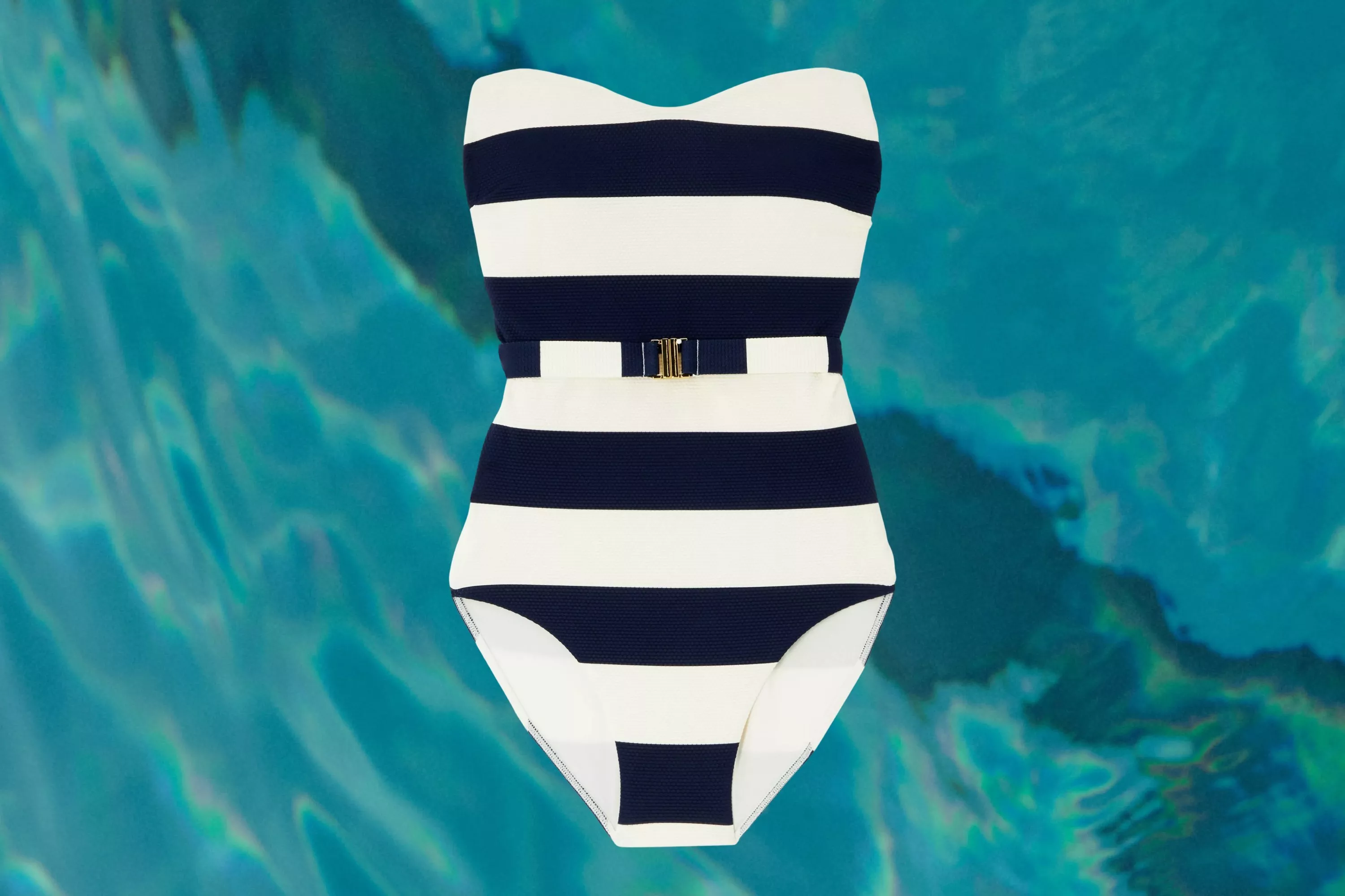 John Lewis Hello Sailor Stripe Belted Swimsuit cutout on a swimming pool background