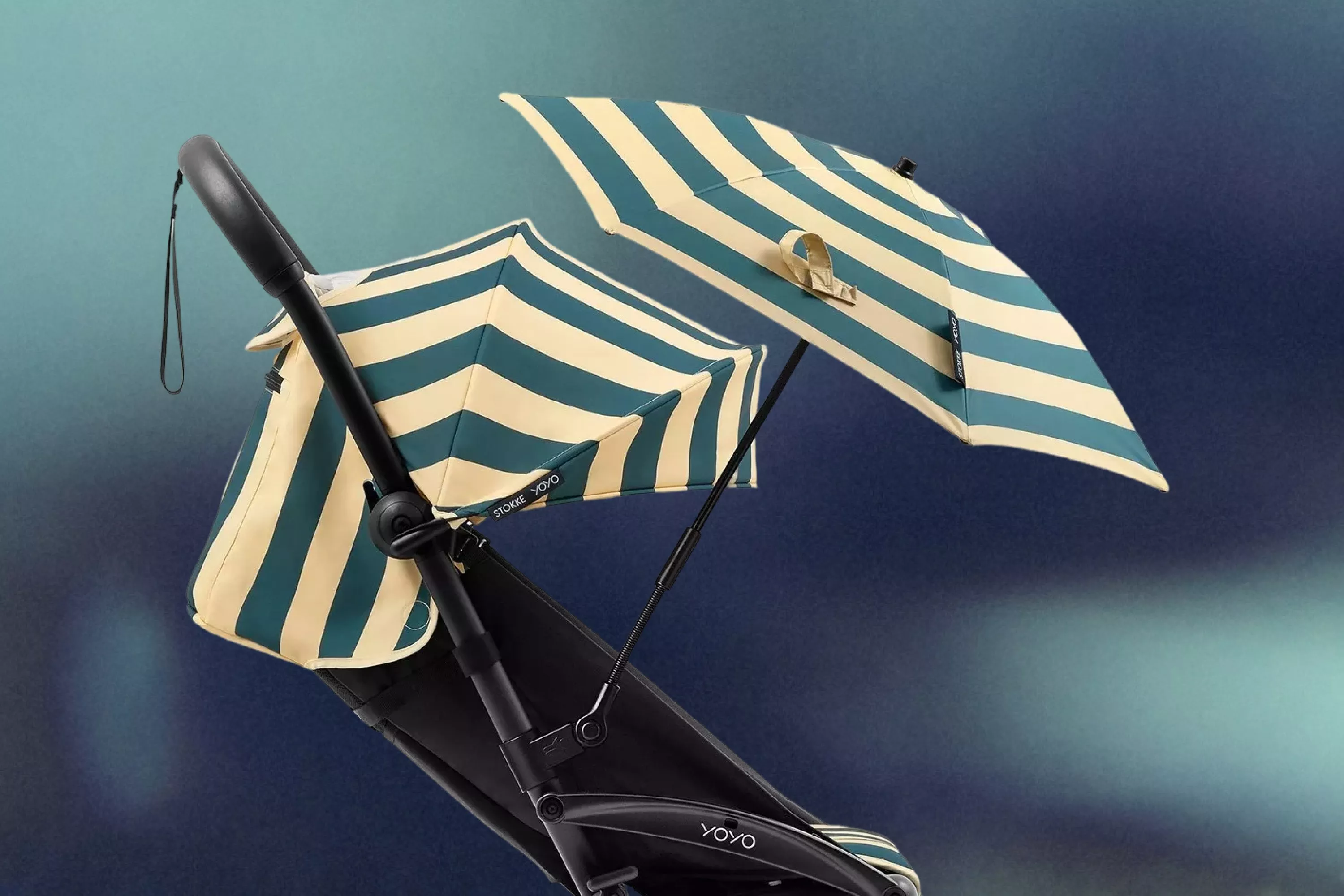 Stokke YOYO³ Pushchair Frame, Riviera 6+ Colour Pack & Summer Kit on a hazy blue background 
