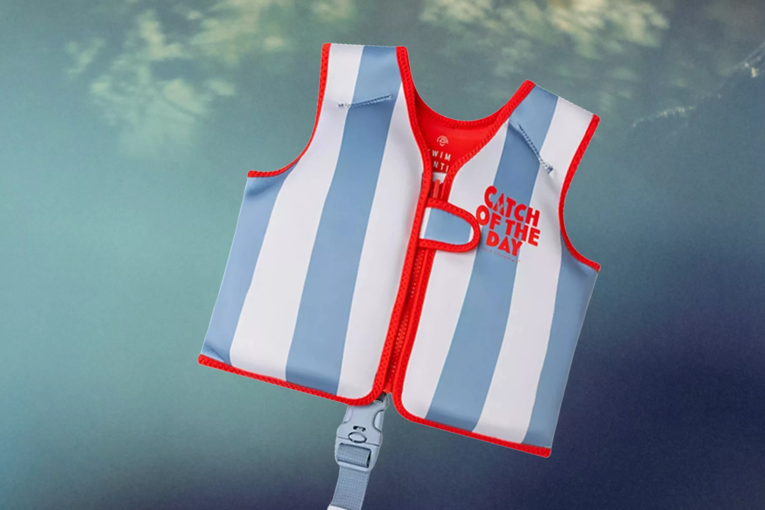 Swim Essentials Kids' Catch Of The Day Swim Vest cut out on a hazy blue background