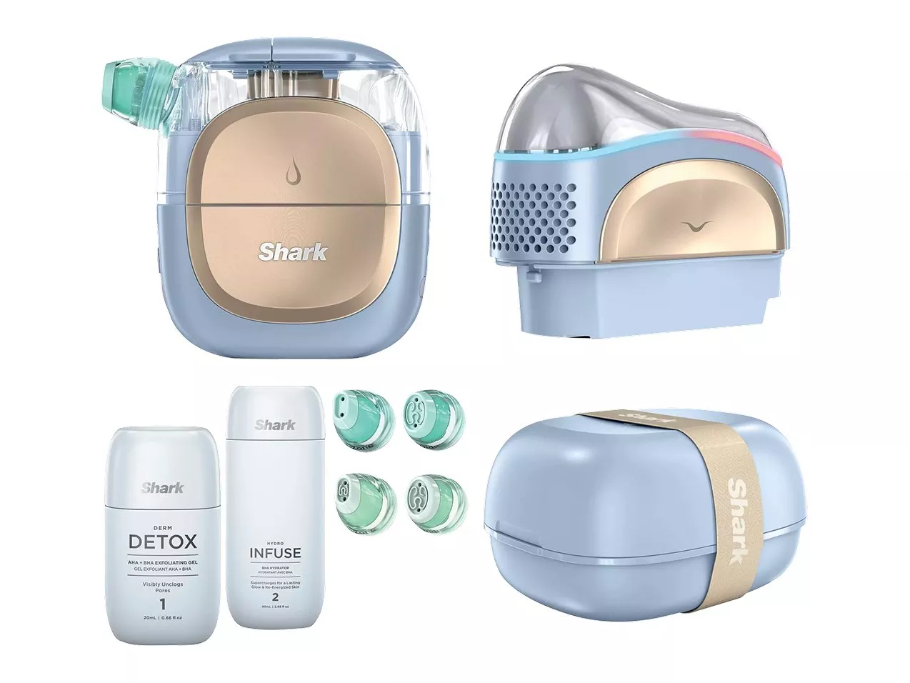 A skincare device set featuring a blue and gold gadget, with accompanying skincare bottles and replacement parts.