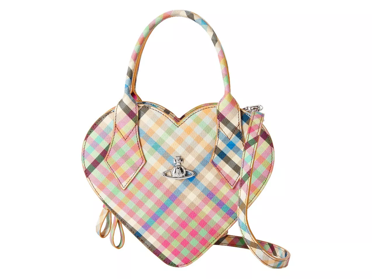 Heart-shaped handbag with multicoloured plaid pattern and silver emblem. Features handles and a crossbody strap.