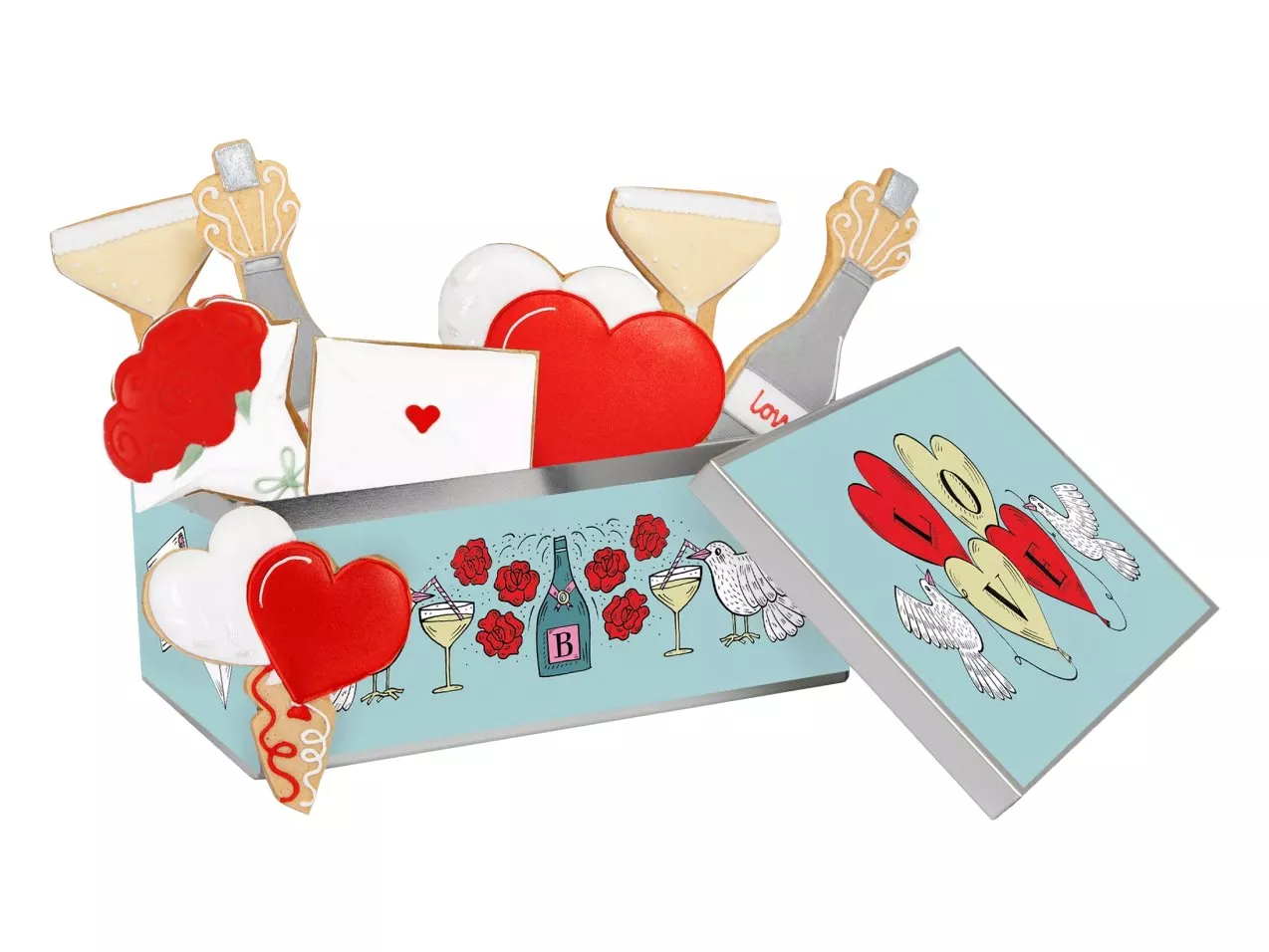 Decorative box with heart-shaped and themed cookies, featuring love motifs and colourful designs.