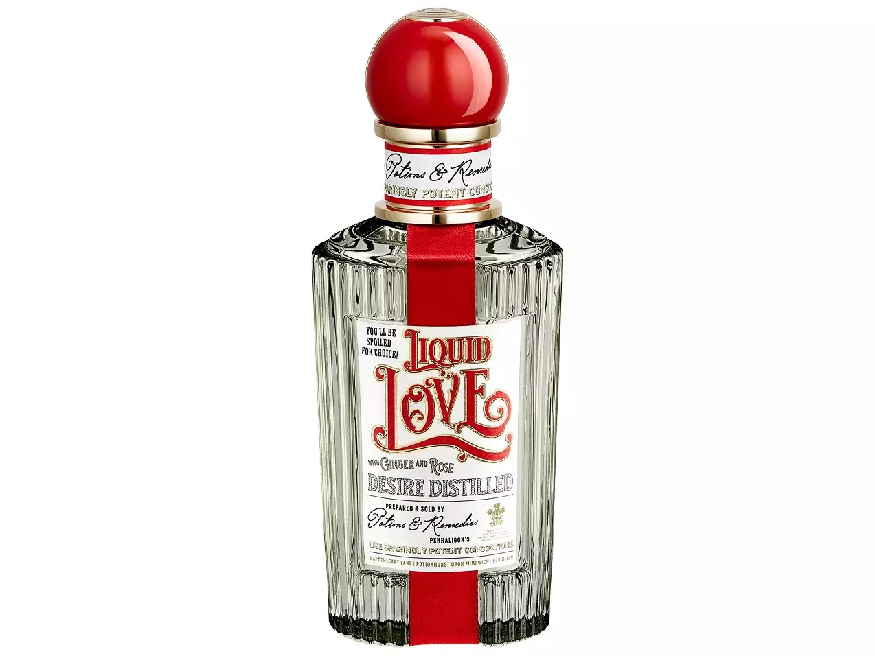 Ornate glass bottle with red cap and label, embossed with "Liquid Love" text in vintage style design.