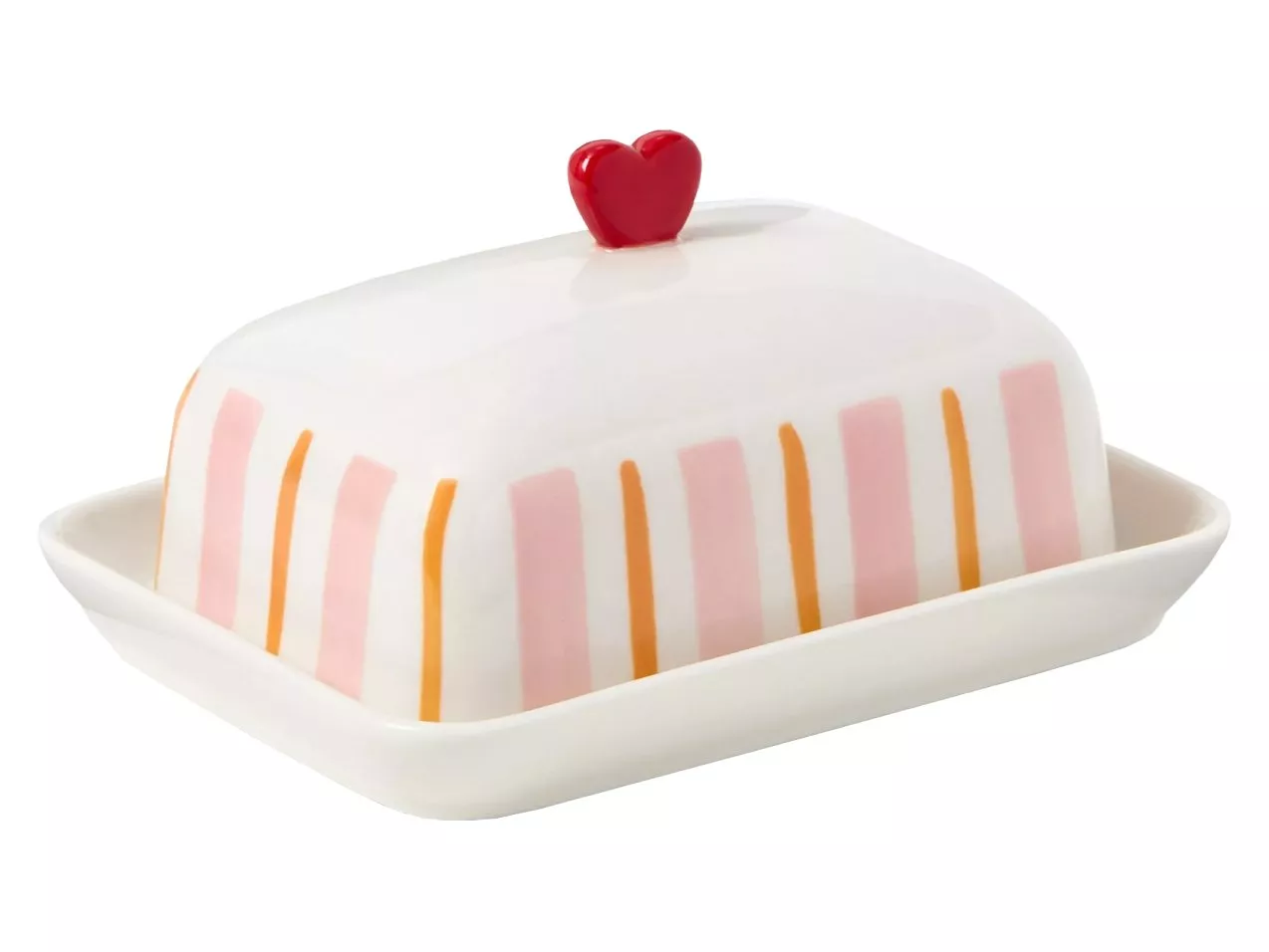 Ceramic butter dish with pink and orange stripes, topped by a red heart-shaped handle.