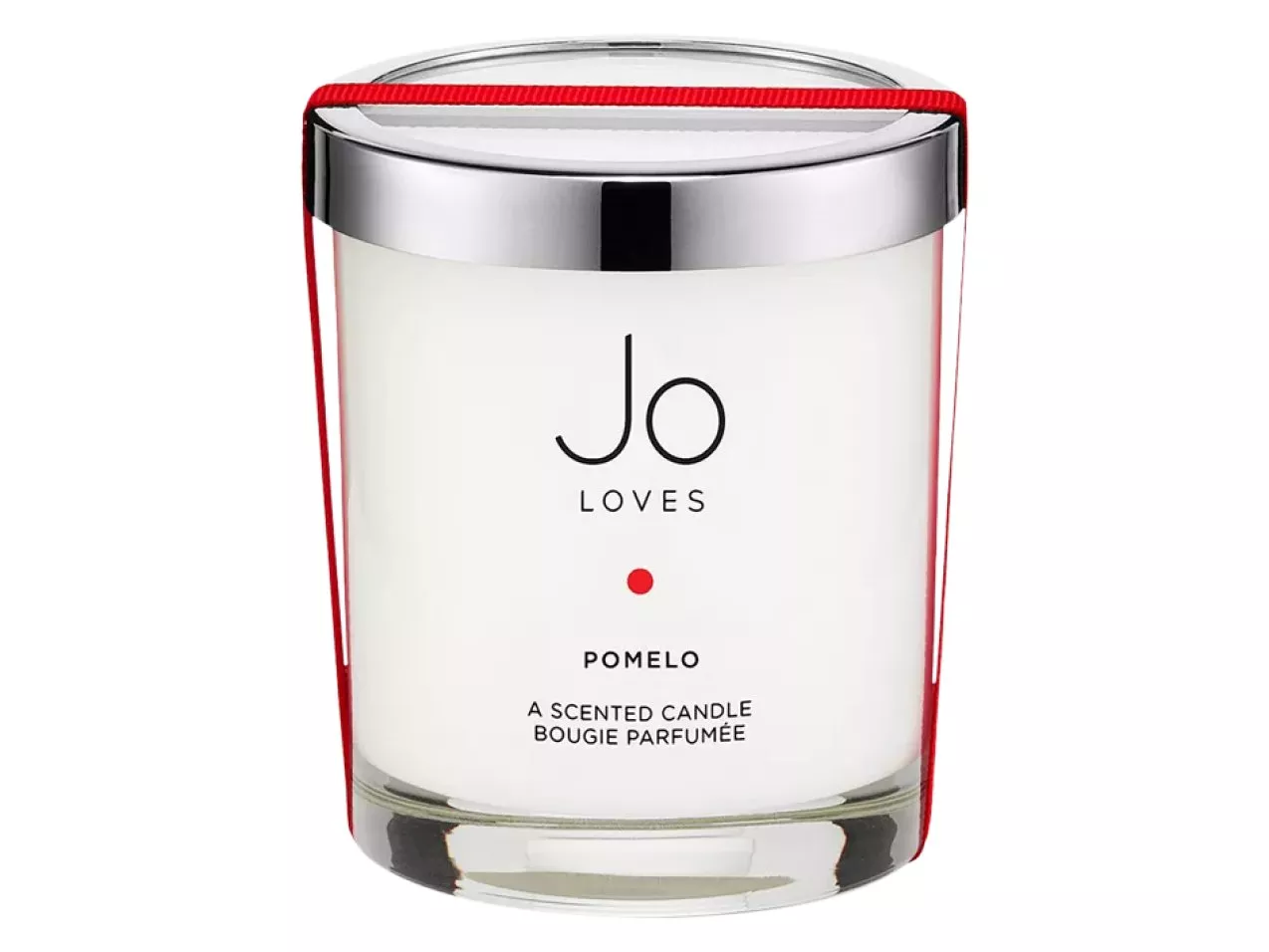 Elegant scented candle with a silver lid and red trim, labelled "Jo Loves Pomelo" in sleek black text.