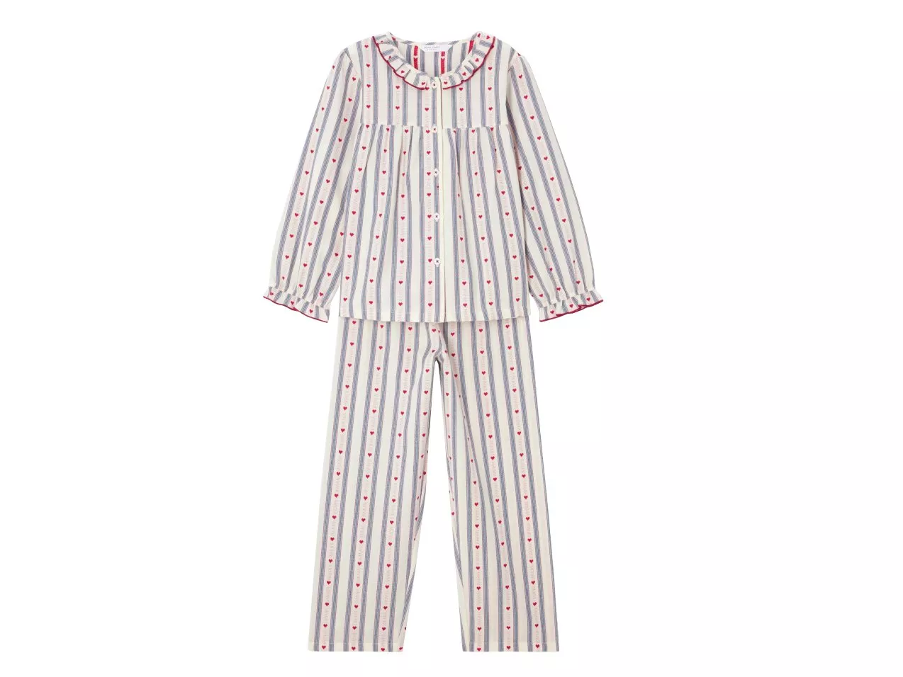 Striped pyjama set with long sleeves, button-up front, and red accents. Features a frilled collar and cuffs.