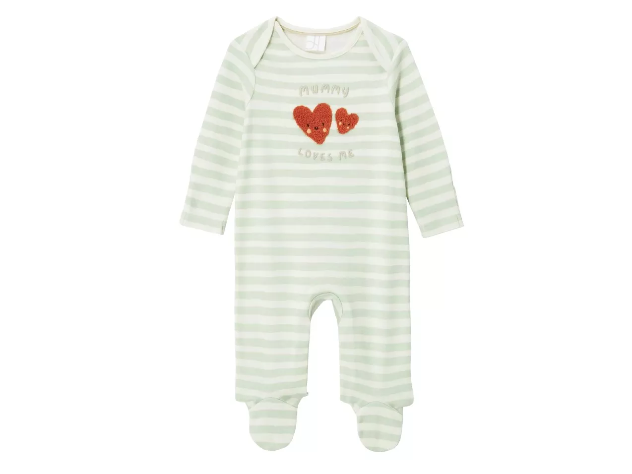 Striped green baby sleepsuit with heart motif and "Mummy loves me" text, featuring long sleeves and feet.