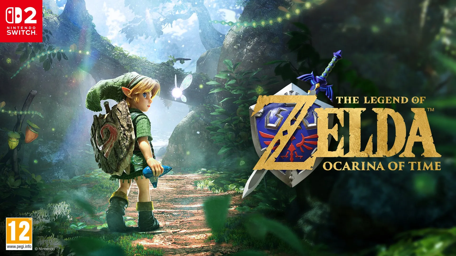 A banner for *The Legend of Zelda: Ocarina of Time* on Nintendo Switch 2, featuring Young Link walking along a forest path alongside a glowing fairy.