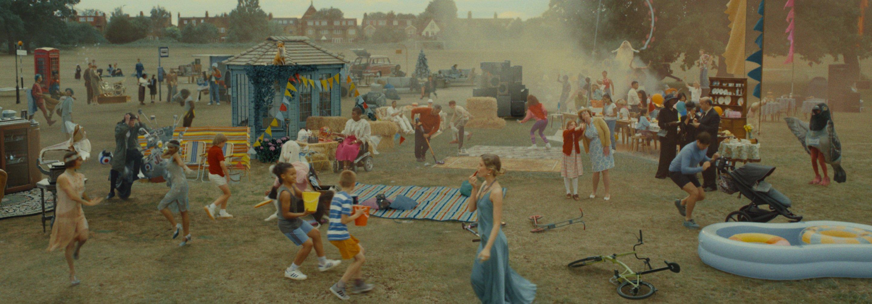a wide angle high view of the end of the video with lots of different characters in it