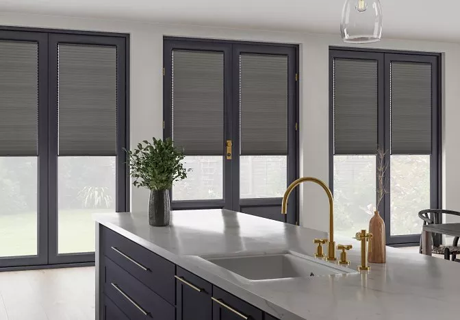 Blue patio door blinds in a kitchen setting 