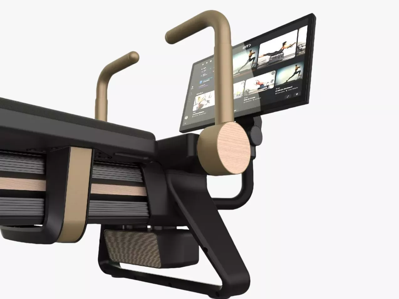 Smart home treadmill with touchscreen display showing workout videos, close-up of handrails and frame design