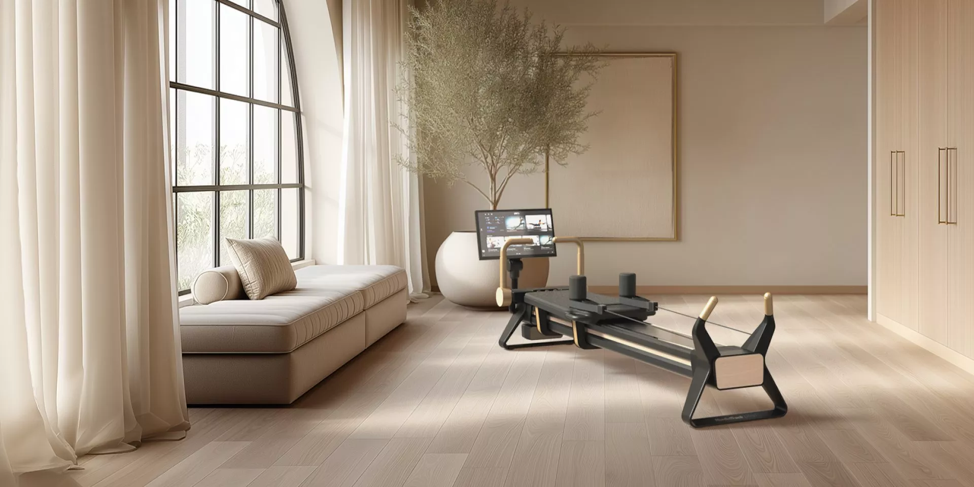 Modern home gym Pilates reformer in bright beige room with large windows, bench seating and potted plant