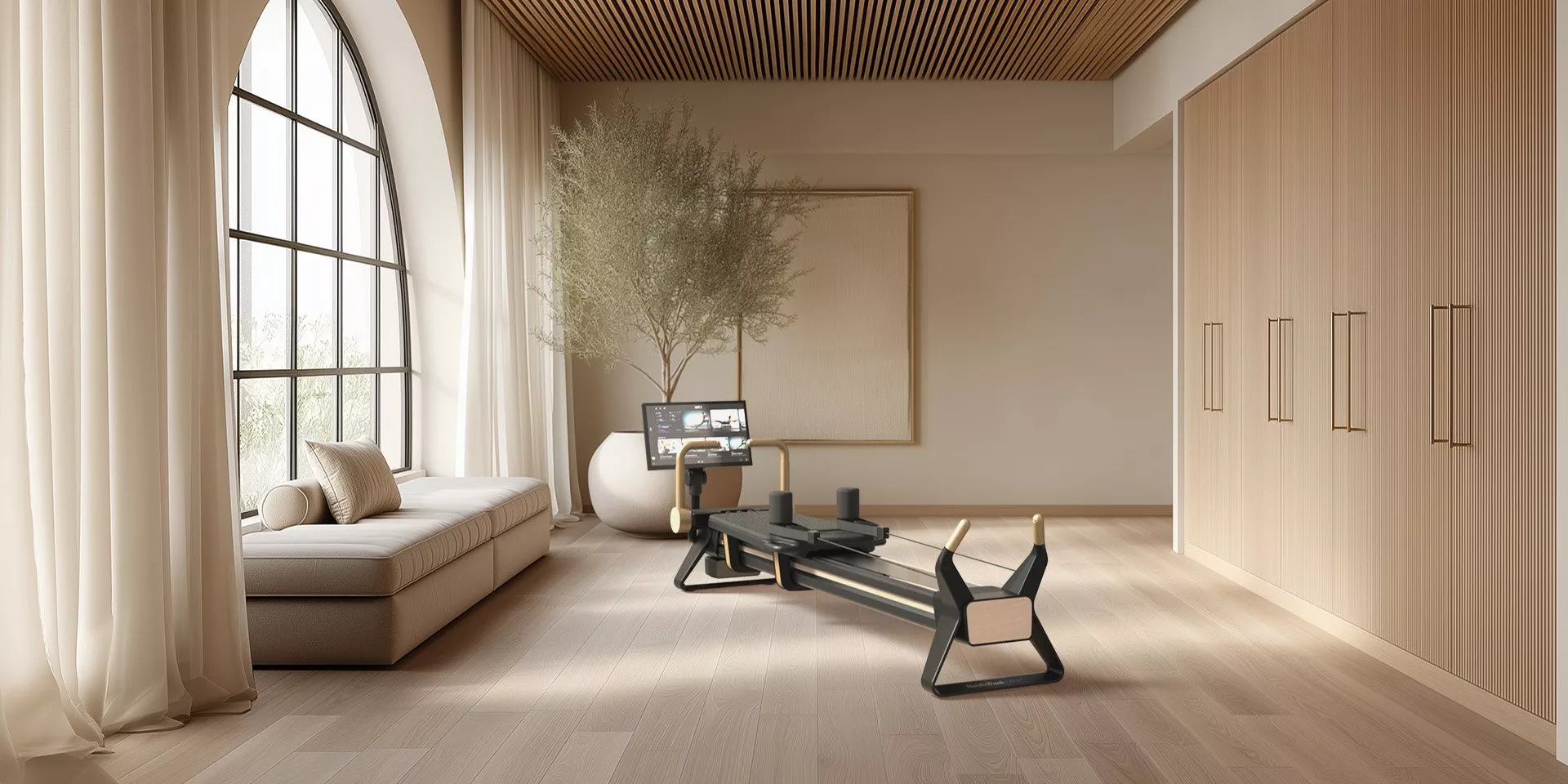 Modern home gym Pilates reformer in bright beige room with bay window, bench seating and indoor plants